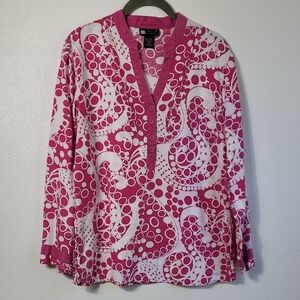 Carole Little Women 100% Linen Top Tunic Size M Pink Artsy V Neck Long Sleeve